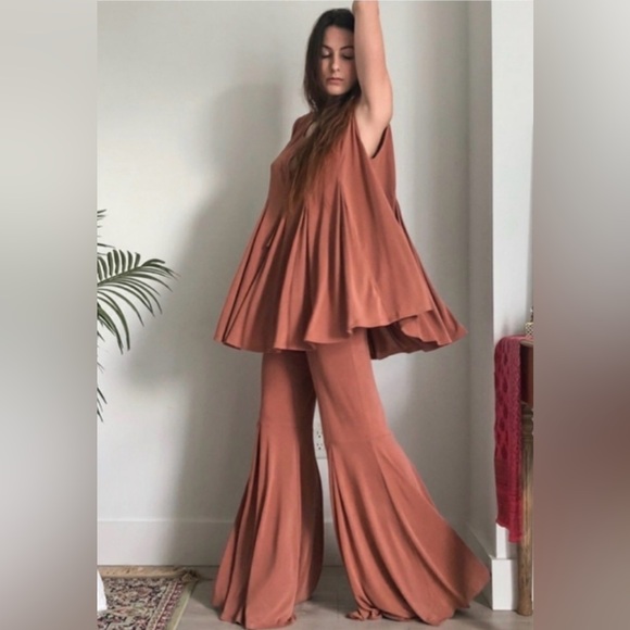 Free People Other - Free People 2-Piece Sasha Lounge Set Flowy Tunic Top & Flare Pants Brown L
